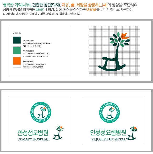 행복한 기억(나무), 편안한 공간(의자), 자유, 꿈, 희망을 상징하는(새)의 형상을 조합하여
					생명과 안정을 의미하는 Green과 희망, 발전, 확장을 상징하는 Orange를 이미지 컬러로 사용하여
					성요셉병원이 지향하는 이념과 미래를 상징적으로 함축하고 있습니다.